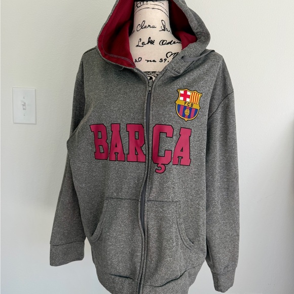 FC Barcelona Gray Marron Hoodie Kangaroo Pocket Sz Xl Fanatic soccer Streetwear - Picture 2 of 13